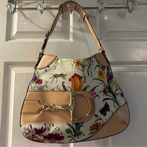 Gucci Floral Canvas Shoulder Bag with Tan Leather and Gold Hardware